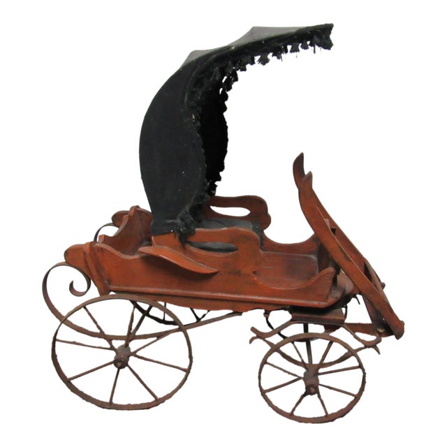 Antique English Goat Cart With Wooden Body, Metal Wheels & Black Canopy For Sale