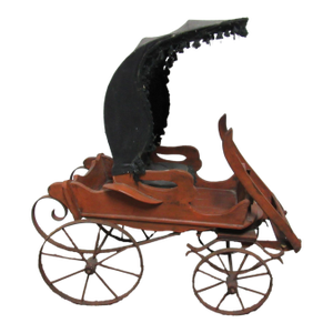 Antique English Goat Cart With Wooden Body, Metal Wheels & Black Canopy