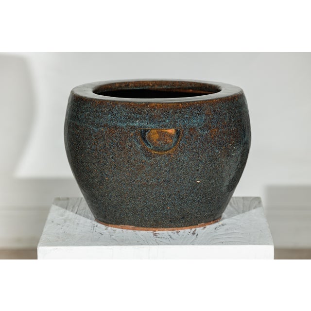 Vintage Chinese Brown and Blue Speckled Planter with Wide Opening For Sale In New York - Image 6 of 18