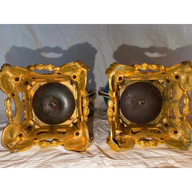 Rococo Pair of Antique French Porcelain Vases With Hand-Painted Portrait Panels and Gilt Bronze Bases, Circa 1900 For Sale - Image 3 of 3