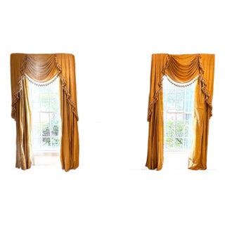 Pair of Custom Linen Drapes, Curtains and Valances, Lined, Tassels For Sale