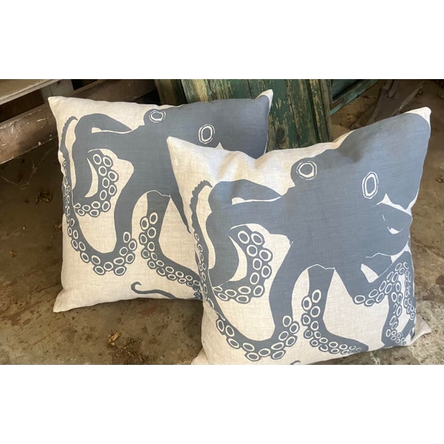 2000 - 2009 2000's Blue Octopus Linen Cushions P/2 For Sale - Image 5 of 11