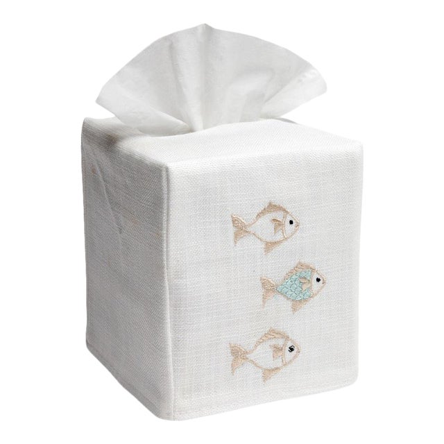 Aqua/Beige School of Fish Tissue Box Cover in White Linen & Cotton, Embroidered For Sale
