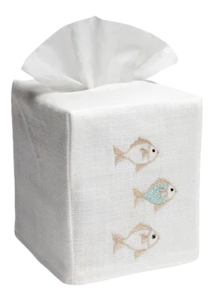 Aqua/Beige School of Fish Tissue Box Cover in White Linen & Cotton, Embroidered