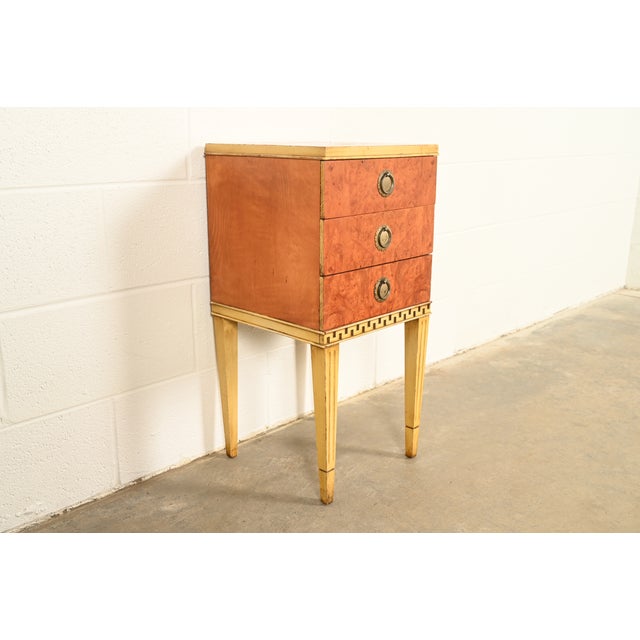 Romweber Romweber Style French Regency Louis XVI Burl Wood and Parcel Painted Three-Drawer Bedside Chest, Circa 1940s For Sale - Image 4 of 16