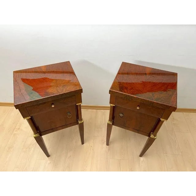 Empire Nightstands in Walnut with Full Columns in Gilt Brass, Italy, 1810, Set of 2 For Sale - Image 9 of 18