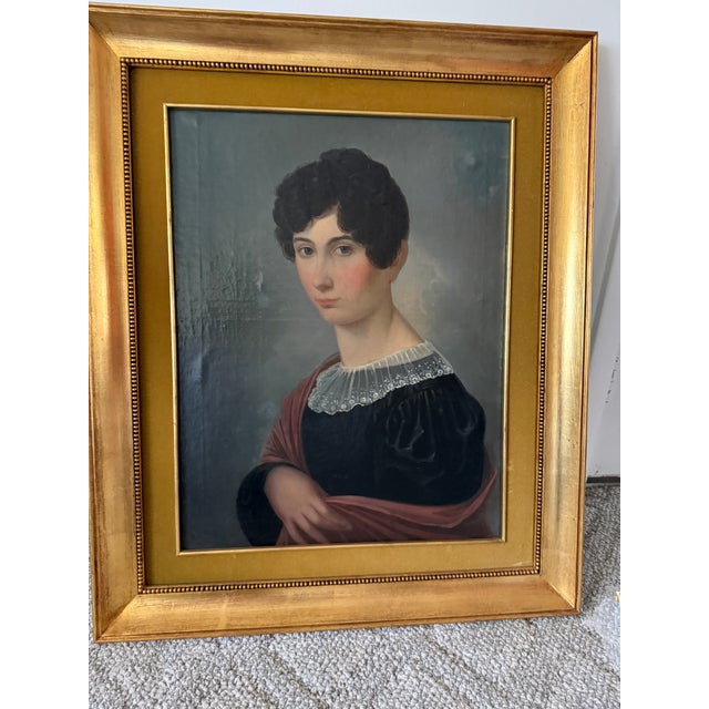 French 19th Century Granduer Antique Portrait Oil Paint on Canvas Classic Lady For Sale - Image 3 of 11
