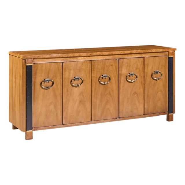 American of Martinsville Mid Century Walnut, Burlwood and Brass Credenza For Sale