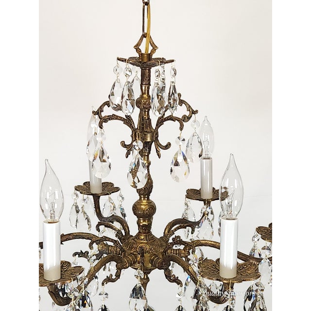 1950s Vintage 6 Arm 6 Light Dark Patina Swanky Brass Cut Lead Glass Crystal Chandelier For Sale - Image 5 of 12