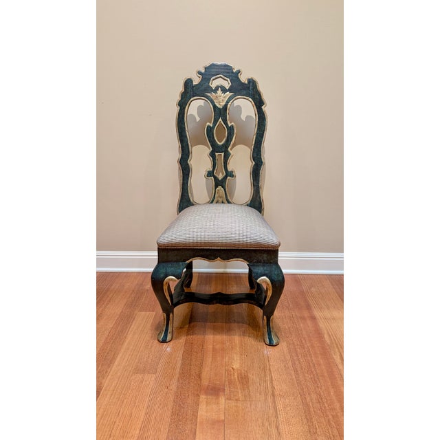 Portuguese Rococo Style (20th Century) painted and gold decorated dining / side chairs featuring a shaped frame with splat...