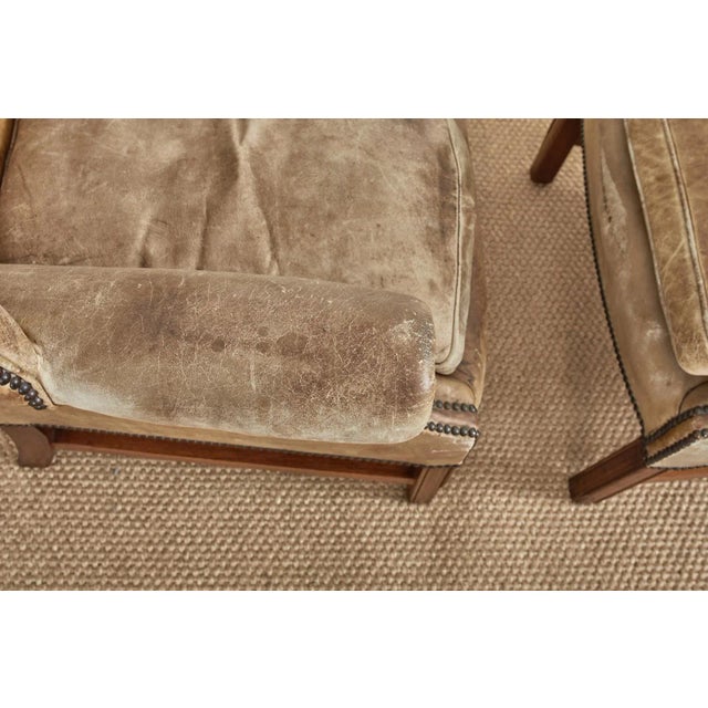 Pair of English Georgian Cigar Leather Wingback Library Chairs For Sale In Sacramento - Image 6 of 13
