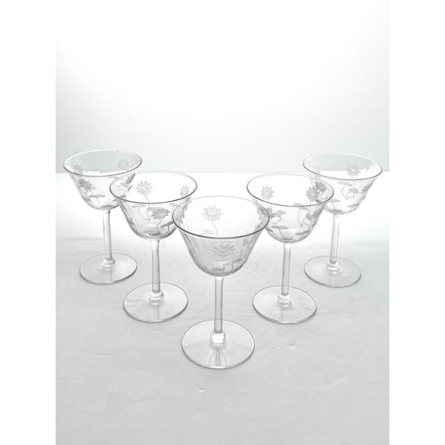 Chinoiserie 1910s Antique Fostoria “Lotus” 5 Etched Optic Cordial Wine Glasses For Sale - Image 3 of 5