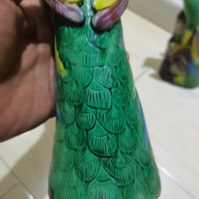 Pair of Sancai Glazed Porcelain Peacocks – 10.2" Vintage Bird Figures For Sale - Image 4 of 9