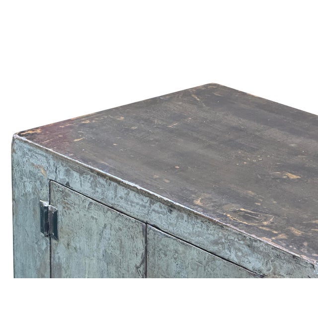Distressed Light Teal Gray Low Doors Hardware Console Sideboard Cabinet For Sale - Image 11 of 12