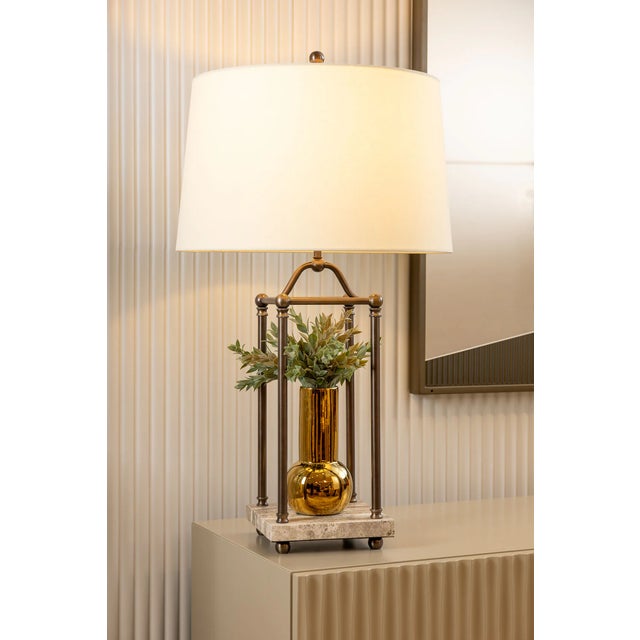 Mid-Century Modern Gazebo Bronze Lamp with Travertine Base For Sale - Image 3 of 5