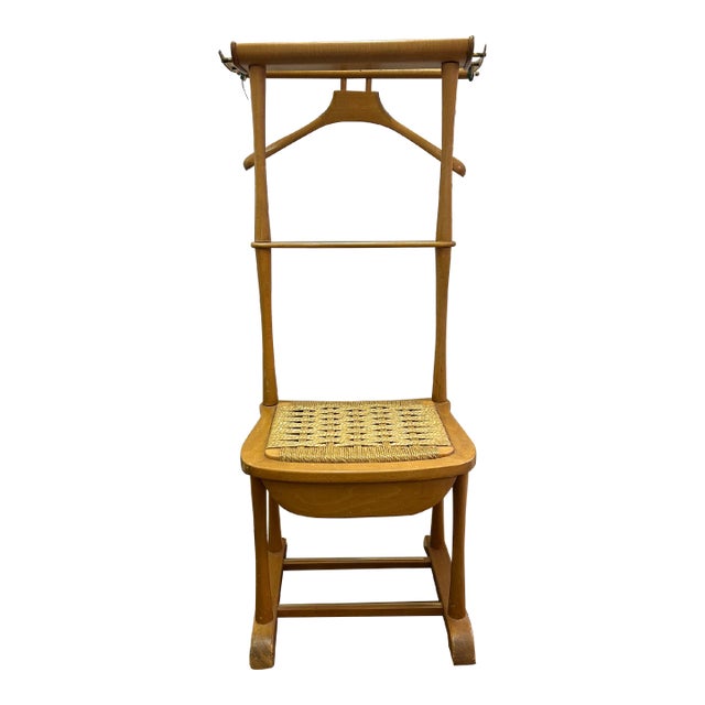 1960s Vintage Mid-Century Modern Italian Birch and Brass Men's Valet Chair With Drawer For Sale