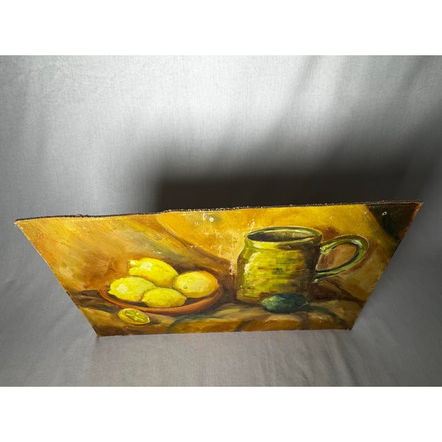 Vintage Mid Century Traditional Expressionist Still Life Original Oil Painting on Board, Yellow, Green & Goldenrod For Sale - Image 10 of 12