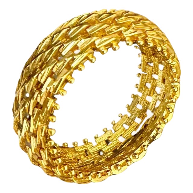 18 Karat Yellow Gold Classic Wide Wedding Band With Design Ring, Unisex Size 5.5 For Sale