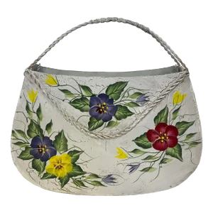 Vintage 1980s Italian Tole Hand Painted Metal Wall Basket With Colorful Pansies.