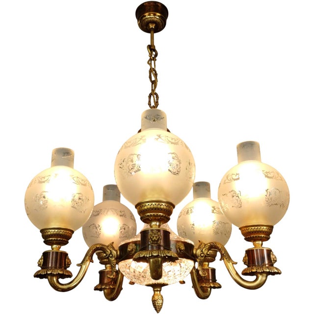 Vintage Empire Victorian French 5-Arm Brass Lion Head Chandelier with Etched Globes and Crystal Glass, 1950s For Sale - Image 17 of 17