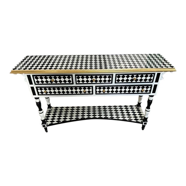 Handmade Louis XV Checkered Console Table: Black, White & Gold 5-Drawer Design For Sale
