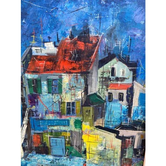 Cityscape Oil Painting, Mid-Century Modern, Signed, Nerfin, 1950s For Sale - Image 4 of 8
