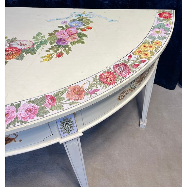 Wood 1980s Hand Painted White and Floral Demilune Table For Sale - Image 7 of 16