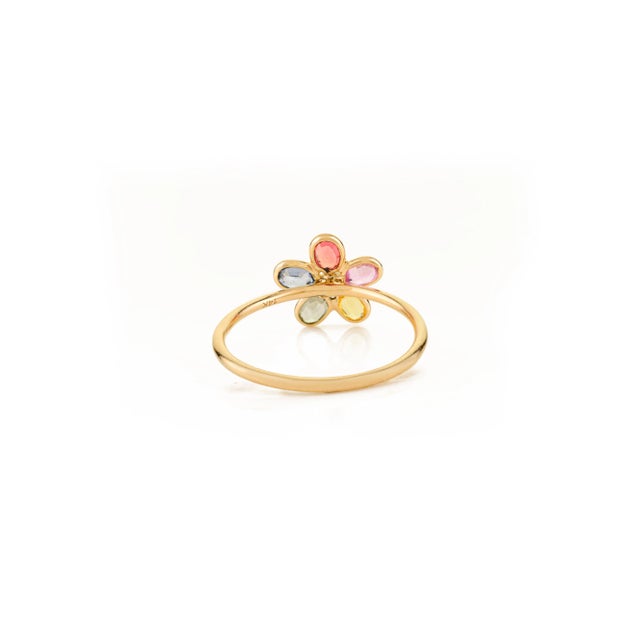 Metal Whimsical 14k Yellow Gold Multi Sapphire Floral Ring Size 5 For Sale - Image 7 of 10