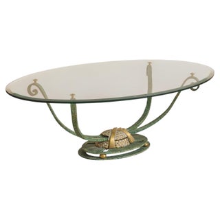 Vintage French Iron + Bronze Oval Glass Coffee Table For Sale