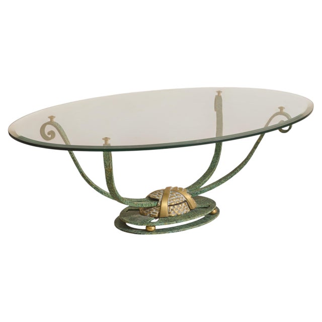 Vintage French Iron + Bronze Oval Glass Coffee Table For Sale