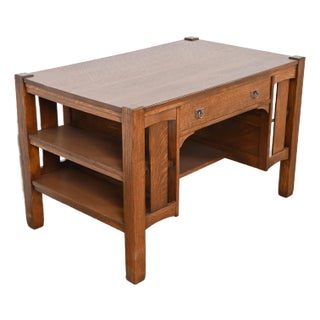 Stickley Brothers Antique Mission Oak Arts & Crafts Desk With Built-In Bookcases, Newly Refinished For Sale