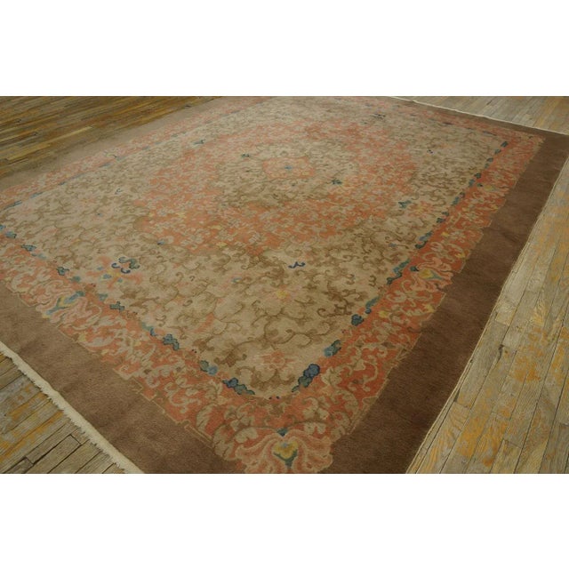 1920s Tan Sand Floral Ming Antique Chinese Art Deco Rug 9' 0''x11' 9'' Handwoven Wool Carpet For Sale - Image 4 of 12