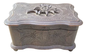 Antique Hand Carved Black Forrest Wooden Box, Music Box Converted to Jewelry Box, Storage