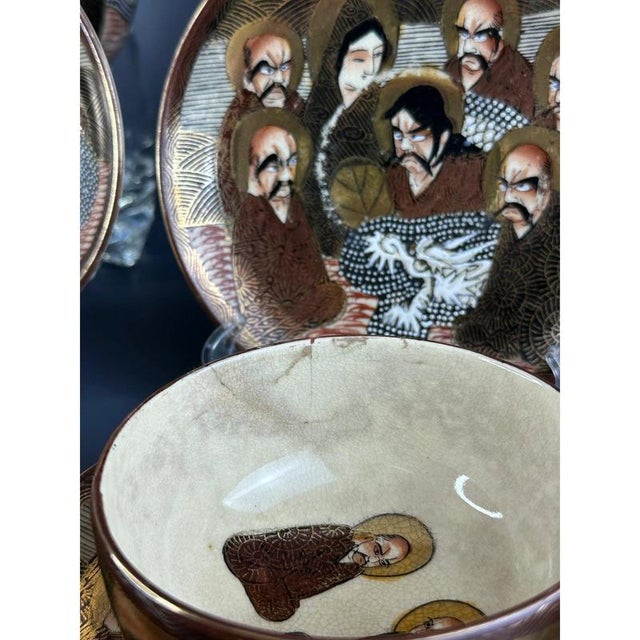 Antique Japanese Meiji Hand-Painted Shimazu Satsuma Tea Service with Moriage Kannon Immortals and Dragons, Set of 14 For Sale - Image 6 of 11