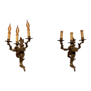 Antique Brass Rococo Revival Three-Light Wall Sconces - a Pair For Sale