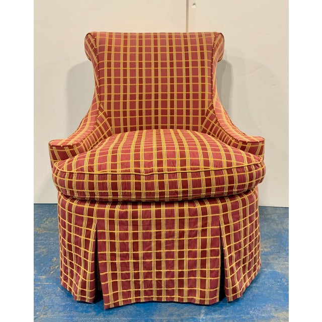 Original Retail $3000, Elegant Vintage Southwood Co. Traditional Red Plaid Lounge Chair, skirted, scroll detail, scroll...