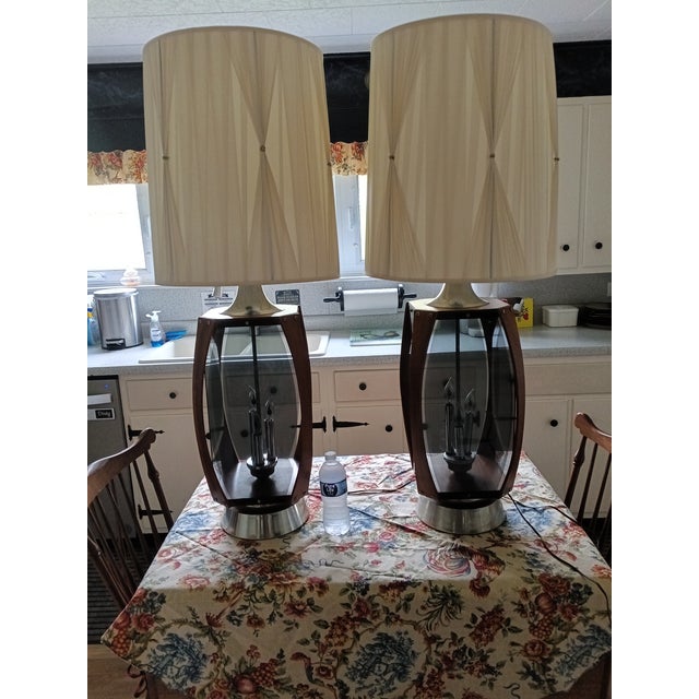 Mid 20th Century Modern Sculptural Wood & Smoked Glass Lamps – Pleated Shades – Danish Modern – Hollywood Regency Statement Lighting - Pair For Sale In Buffalo - Image 6 of 8