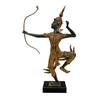 Vintage Asian Gilt Bronze Rama Archer Statue With Applied Patina For Sale