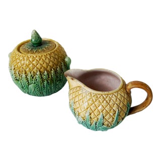 Antique 19th C Majolica Pineapple Pattern Creamer & Sugar C1880s. For Sale