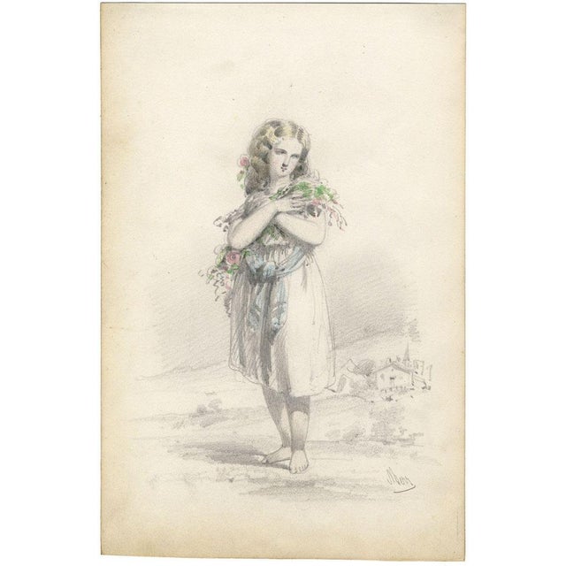 An original mid-19th-century graphite drawing, Berr, Flower Girl.This delightful drawing has the look of a professional...