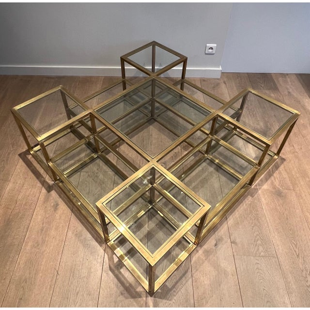 Mid-Century Modern Large, multi-tiered brass coffee table. French work. Circa 1970 For Sale - Image 3 of 12