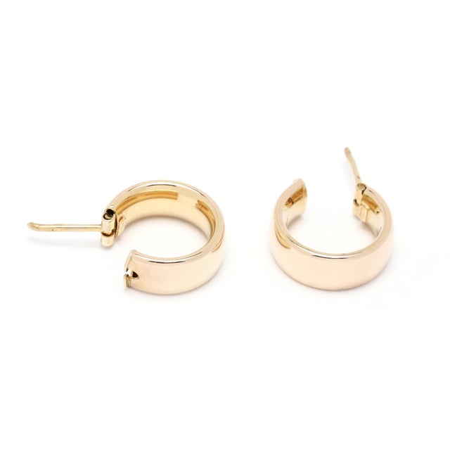 Modern Medium Huggie Hoops, 14k Yellow Gold, Length .5 Inches, Pair For Sale - Image 3 of 5