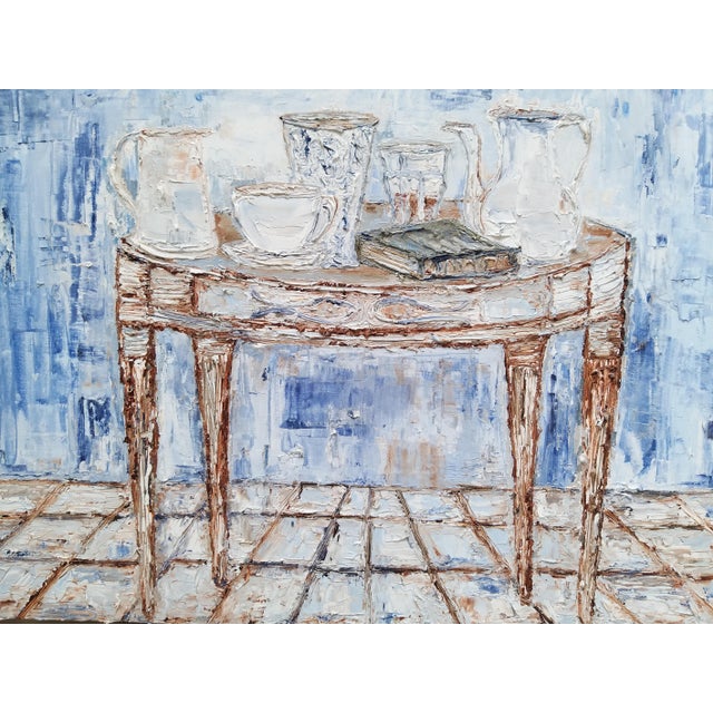 Blue "When Time Stood Still" Original Expressionist Interior Scene Painting by Shabana Godhrawala For Sale - Image 8 of 11