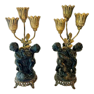 Antique French Bronze Cherub Candle Sticks- Set of 2