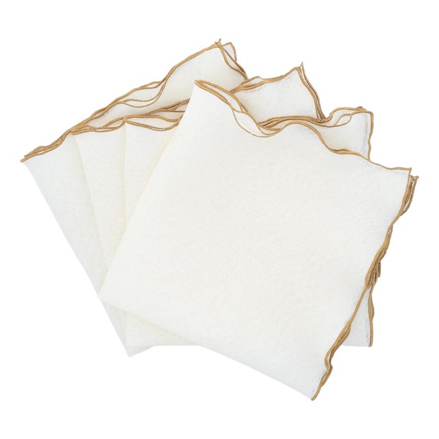 Linen Napkins With Gold Ruffled Edges, Set of 4 For Sale