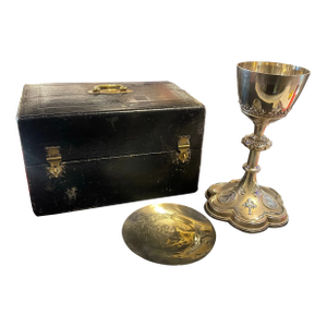 Antique French Victorian Sterling Silver & Enamel Communion Paten Chalice Set With Travel Case - 3 Pieces