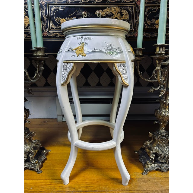 1980s Chinoiserie Mother-of-Pearl Inlaid Tall Stool or Side Table With Glass Top, 25" For Sale - Image 14 of 17