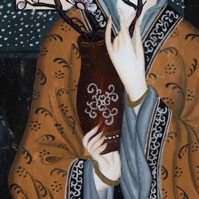 Chinese Antique Chinese Reverse Painted Portrait Wall Panel of a Woman & Vase C1920 For Sale - Image 3 of 7