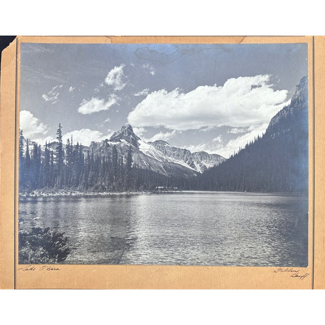 Large breath-taking black and white, sepia photograph. ‘Lake O’Hara’ is inscribed lower left, and signed ‘Gibbons Banff’...