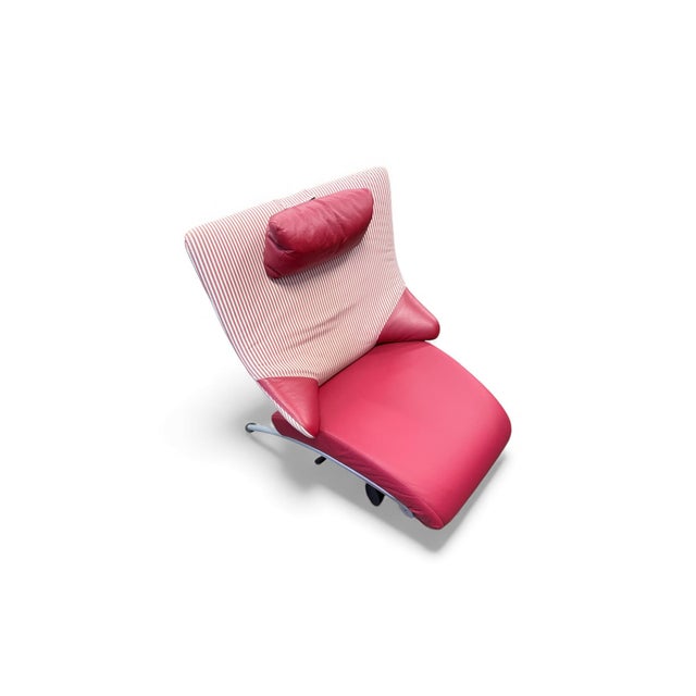 WK solo deck chair with blue leather and white and red striped fabric, foldable and fully functional, leather in good...